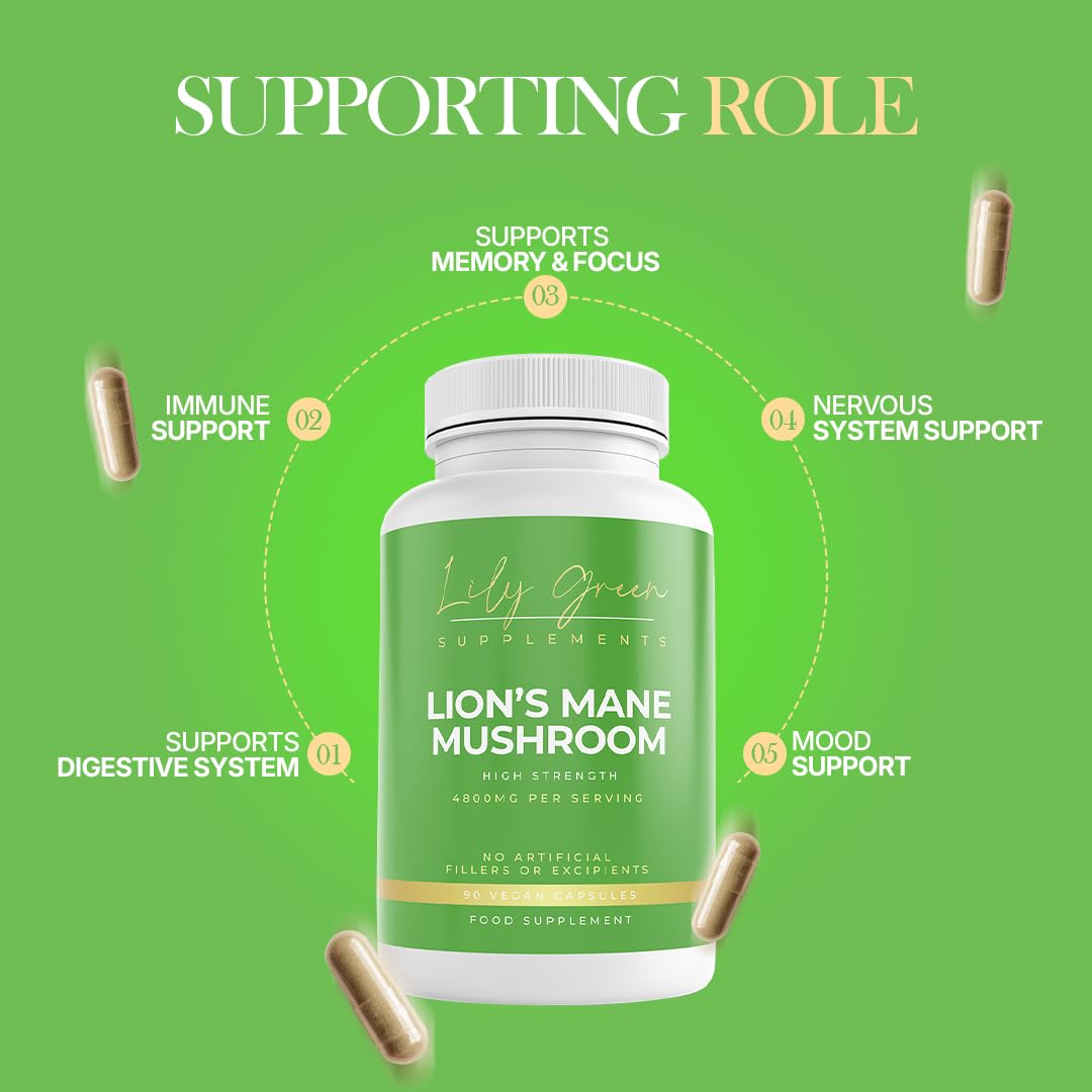 Lily Green Lion's Mane Mushroom 4800mg per Serving - Supports Immunity, Mental Clarity & Focus, Nervous & Digestive Systems
