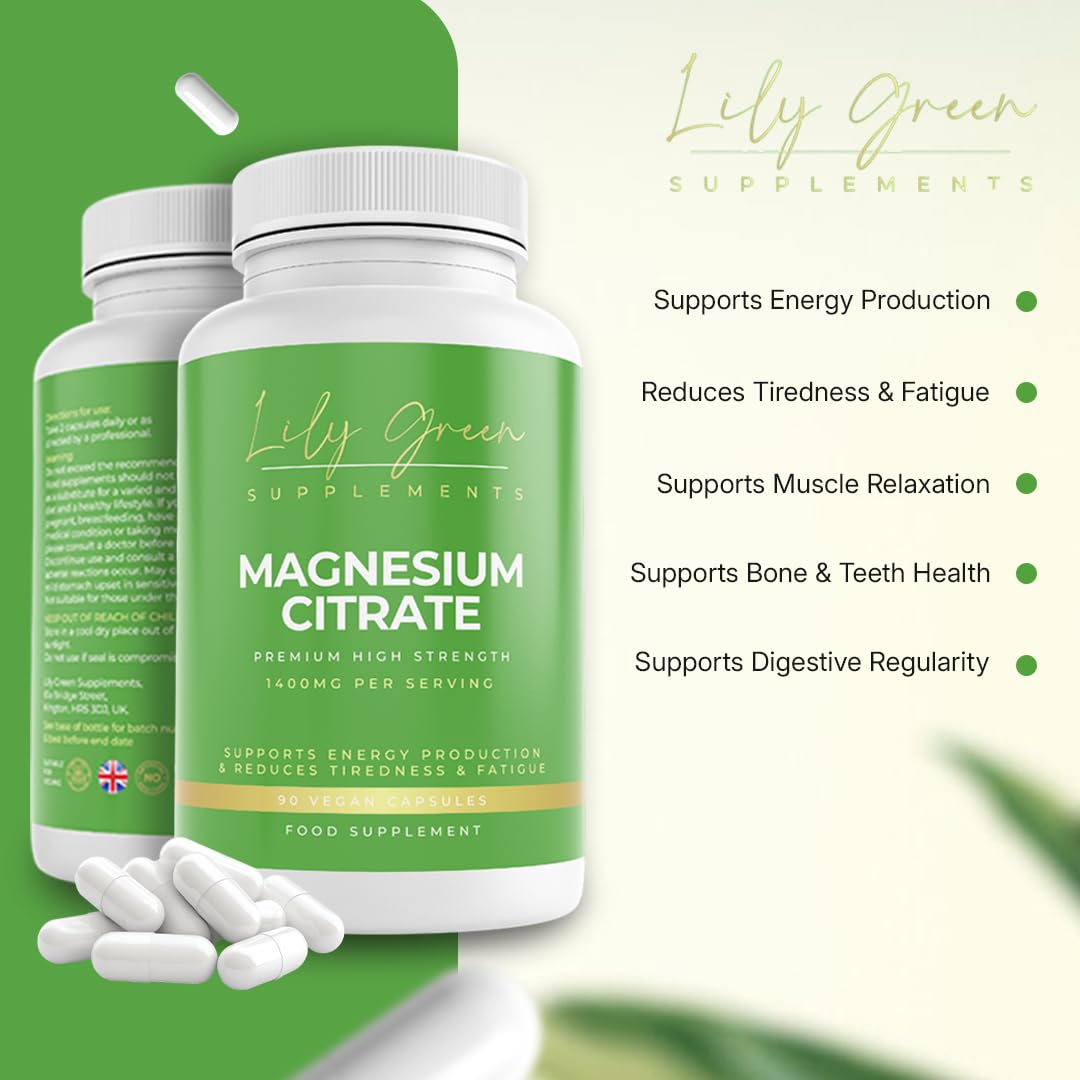 Lily Green Magnesium Citrate 1400mg per Serving - Supports Energy Production, Muscle Relaxation & Digestive Regularity