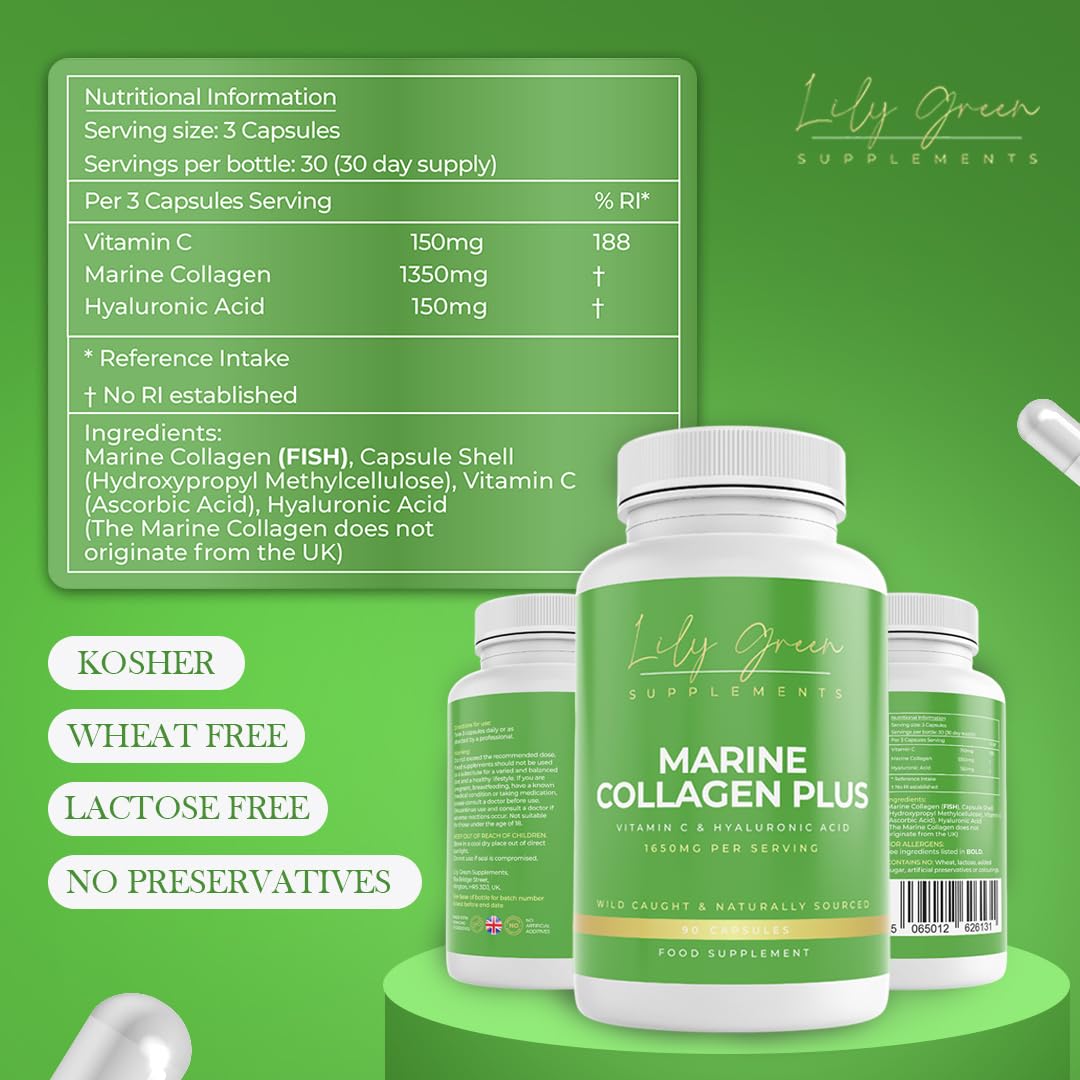 Lily Green Marine Collagen with Hyaluronic Acid & Vitamin C - 1650mg per Serving - Supports Anti Ageing, Joint & Bone Health