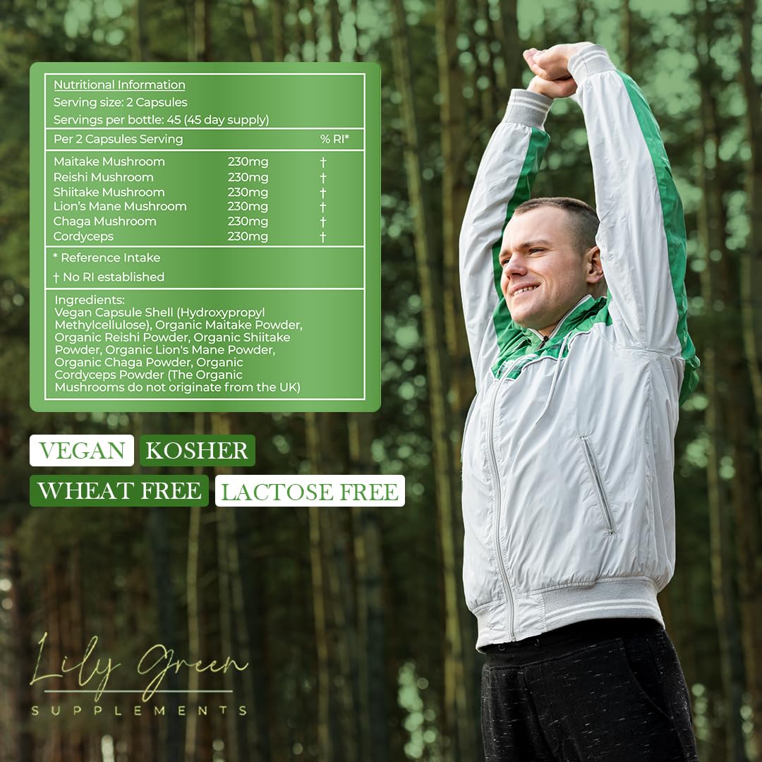 Lily Green Organic Mushroom Complex 1380mg per Serving - Supporting Immune System, Cognitive Function & Overall Health
