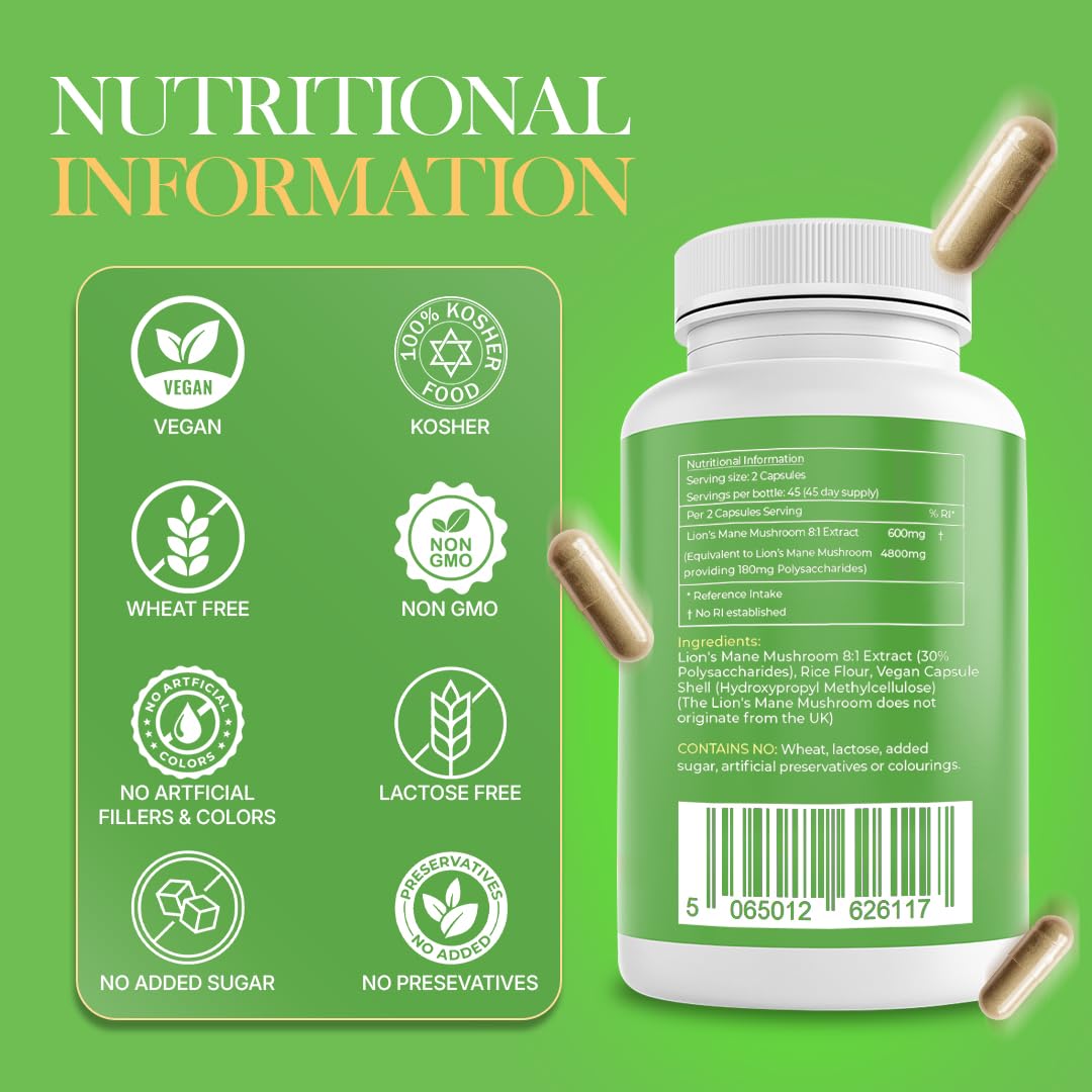 Lily Green Lion's Mane Mushroom 4800mg per Serving - Supports Immunity, Mental Clarity & Focus, Nervous & Digestive Systems