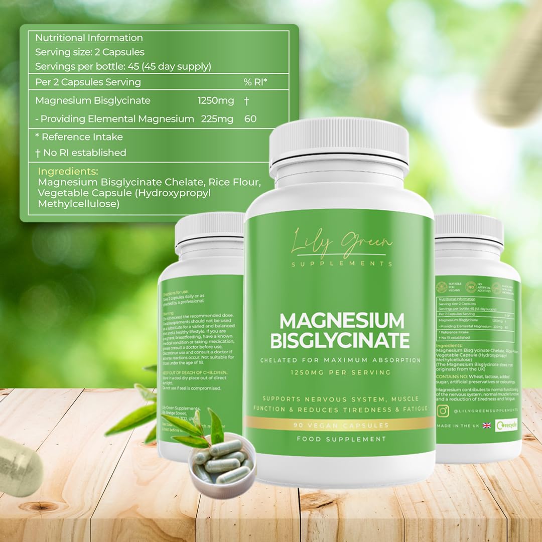 Lily Green Magnesium Bisglycinate 1250mg per Serving - Supports Sleep, Nervous System, Psychological & Muscle Function