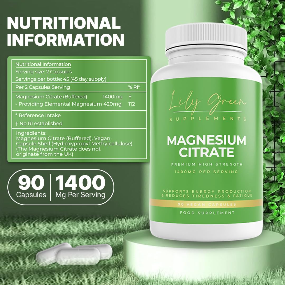 Lily Green Magnesium Citrate 1400mg per Serving - Supports Energy Production, Muscle Relaxation & Digestive Regularity