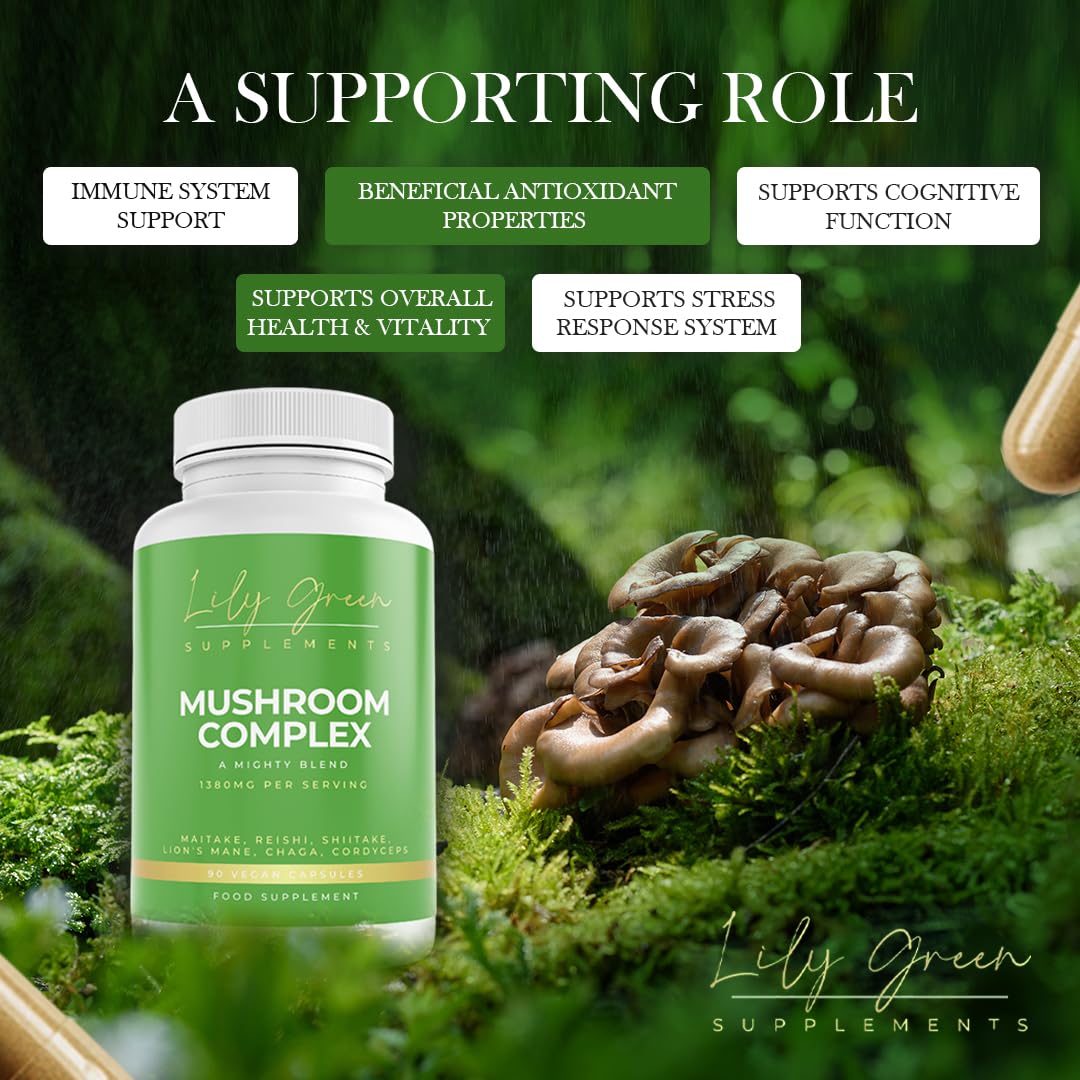 Organic Mushroom Complex 1380mg per Serving - A Mighty Blend Supporting Immune & Stress Response System, Cognitive Function & Overall Health