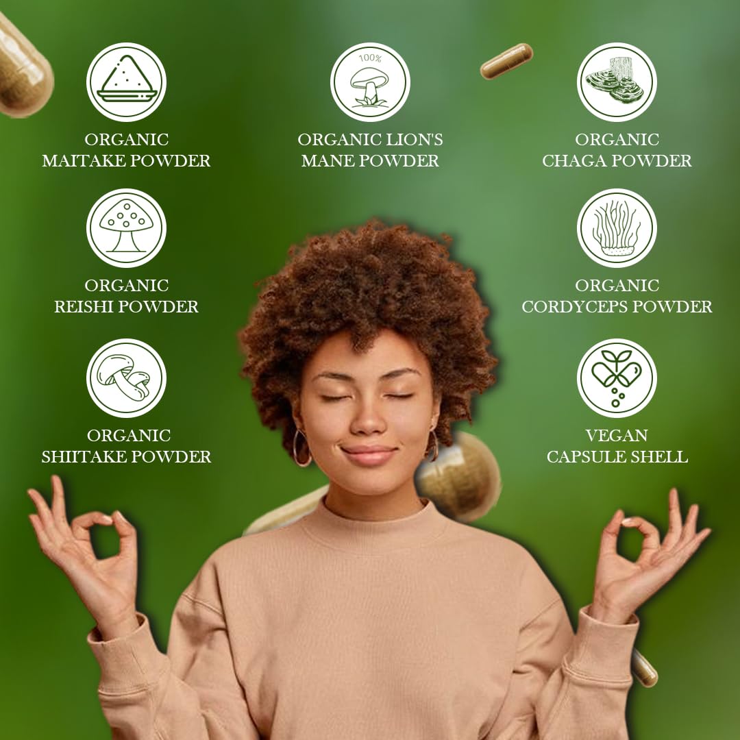 Organic Mushroom Complex 1380mg per Serving - A Mighty Blend Supporting Immune & Stress Response System, Cognitive Function & Overall Health