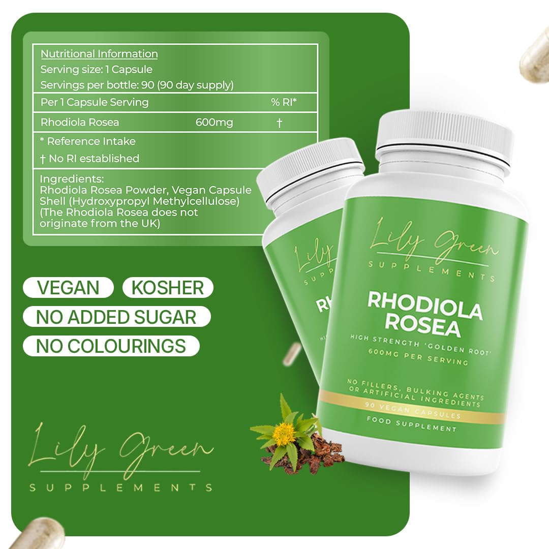 Lily Green Rhodiola Rosea 600mg per Capsule - Supports Mental Clarity & Focus, Immune System, Performance, Energy & Vitality
