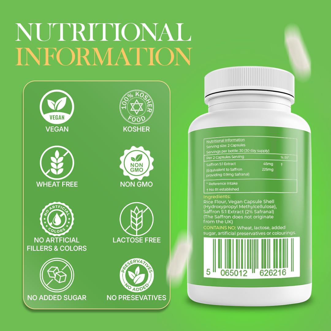Saffron Supplement 225mg per Serving - Supports Psychological Balance, Inflammatory Conditions, Weight Loss & Eye Health
