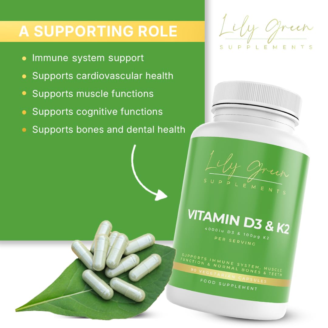 Lily Green Vitamin D3 4000iu & Vitamin K2 - Supports Immune System, Cardio Health, Cognitive & Muscle Function, Bones & Teeth