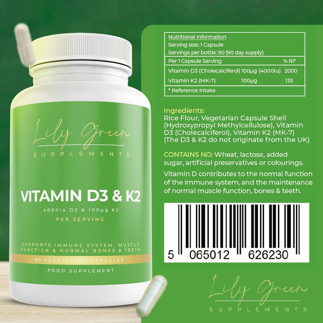 Lily Green Vitamin D3 4000iu & Vitamin K2 - Supports Immune System, Cardio Health, Cognitive & Muscle Function, Bones & Teeth
