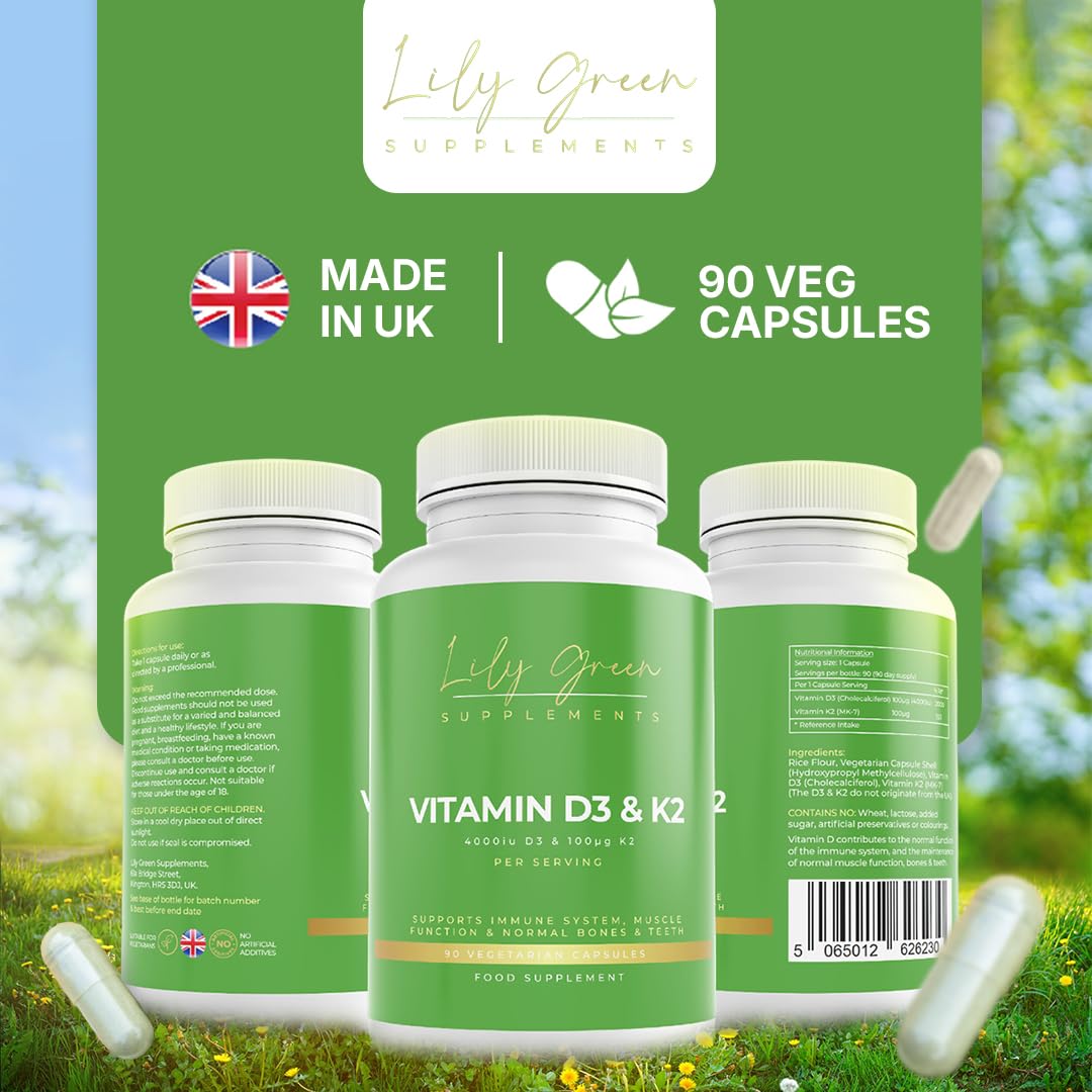 Lily Green Vitamin D3 4000iu & Vitamin K2 - Supports Immune System, Cardio Health, Cognitive & Muscle Function, Bones & Teeth