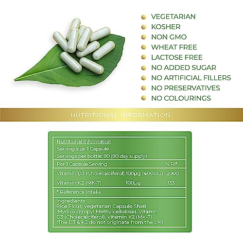 Vitamin D3 4000iu & Vitamin K2 100μg (MK-7) - Supports Immune System, Cardiovascular Health, Cognitive & Muscle Function, Bones & Teeth - Lily Green Supplements