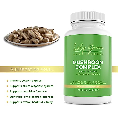 Organic Mushroom Complex 1380mg per Serving - A Mighty Blend Supporting Immune & Stress Response System, Cognitive Function & Overall Health - Lily Green Supplements