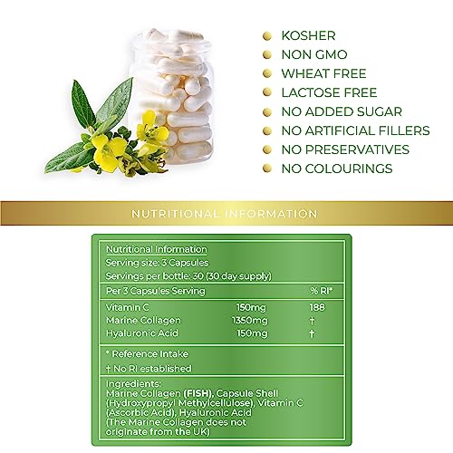 Marine Collagen with Hyaluronic Acid & Vitamin C - 1650mg per Serving - Supports Anti Ageing, Skin, Hair & Nails, Joint & Bone Health - Lily Green Supplements