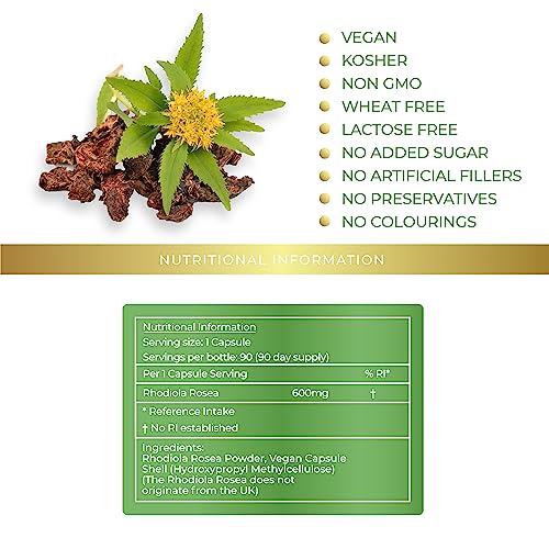 Rhodiola Rosea 600mg per Capsule - Supports Mental Clarity & Focus, Immune System, Exercise Performance, Energy & Vitality - Lily Green Supplements