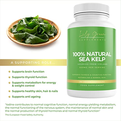 Organic Sea Kelp 500mg per Serving - Supports Thyroid & Brain Function, Metabolism, Anti Ageing, Healthy Skin, Hair & Nails - Lily Green Supplements