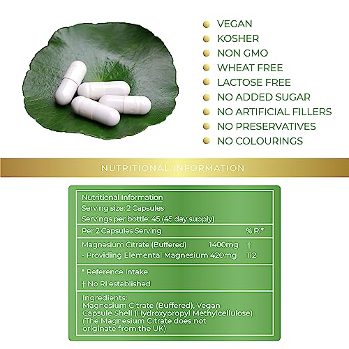 Magnesium Citrate 1400mg per Serving - Supports Energy Production, Muscle Relaxation, Digestive Regularity & Muscle, Bone & Teeth Health - Lily Green Supplements