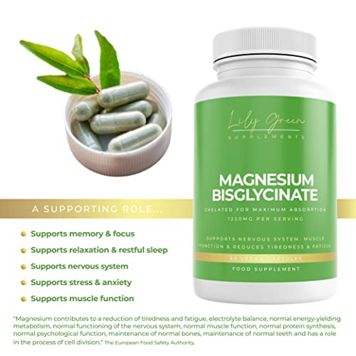 Magnesium Bisglycinate (Glycinate) 1250mg per Serving - Supports Sleep & Calmness, Nervous System, Psychological & Muscle Function - Lily Green Supplements