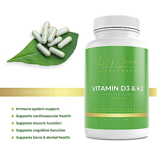 Vitamin D3 4000iu & Vitamin K2 100μg (MK-7) - Supports Immune System, Cardiovascular Health, Cognitive & Muscle Function, Bones & Teeth - Lily Green Supplements