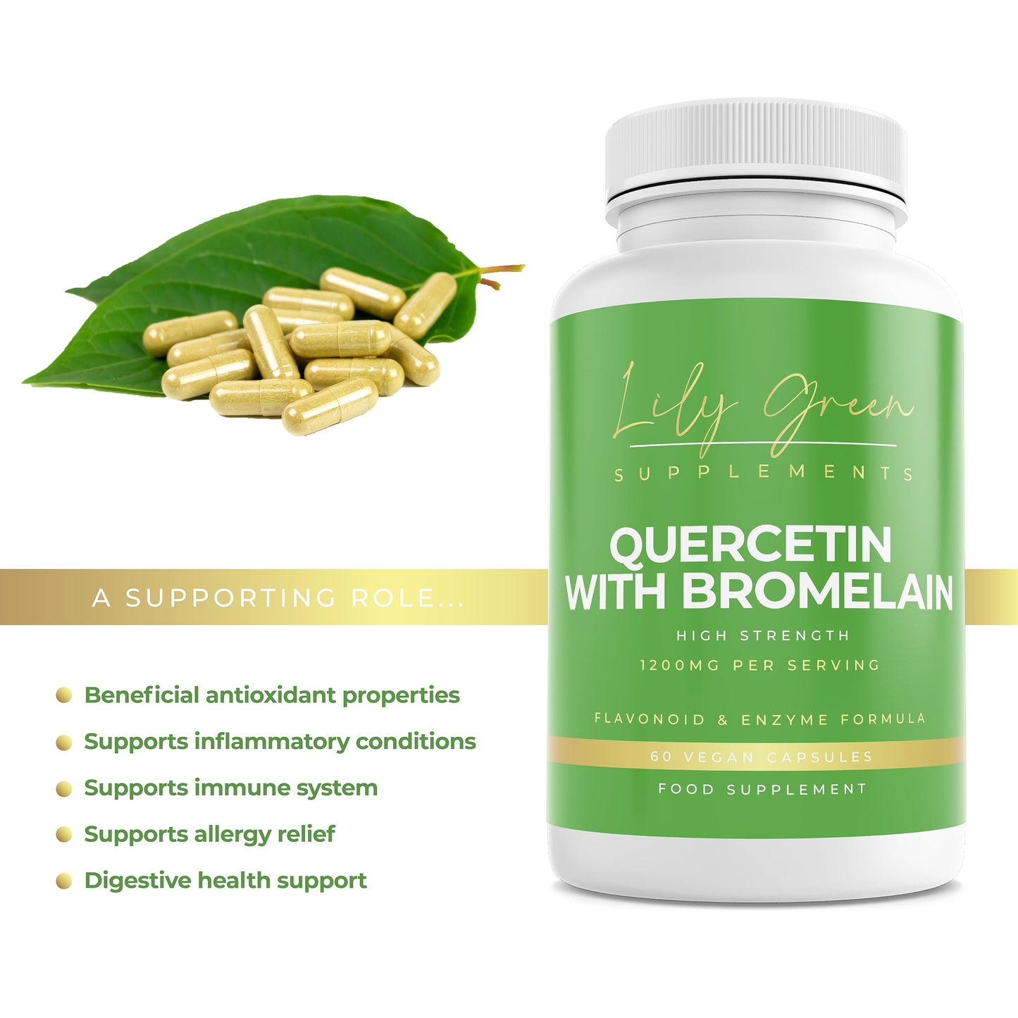 Quercetin with Bromelain 1200mg per Serving - Supports Inflammatory Conditions, Immune System, Allergy Relief & Digestive Health - Lily Green Supplements