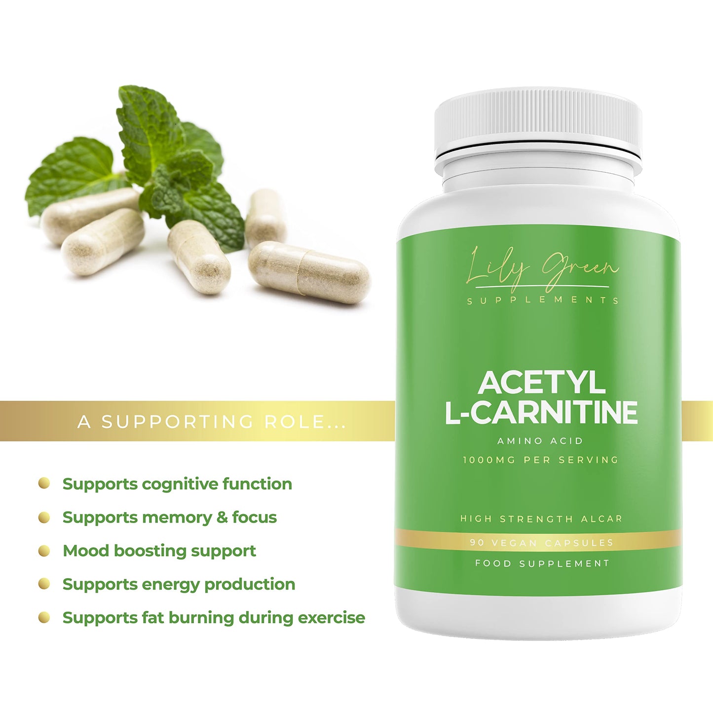 Acetyl L-Carnitine 1000mg per Serving - Supports Cognitive Function, Memory & Focus, Mood Boosting & Energy Production - Lily Green Supplements