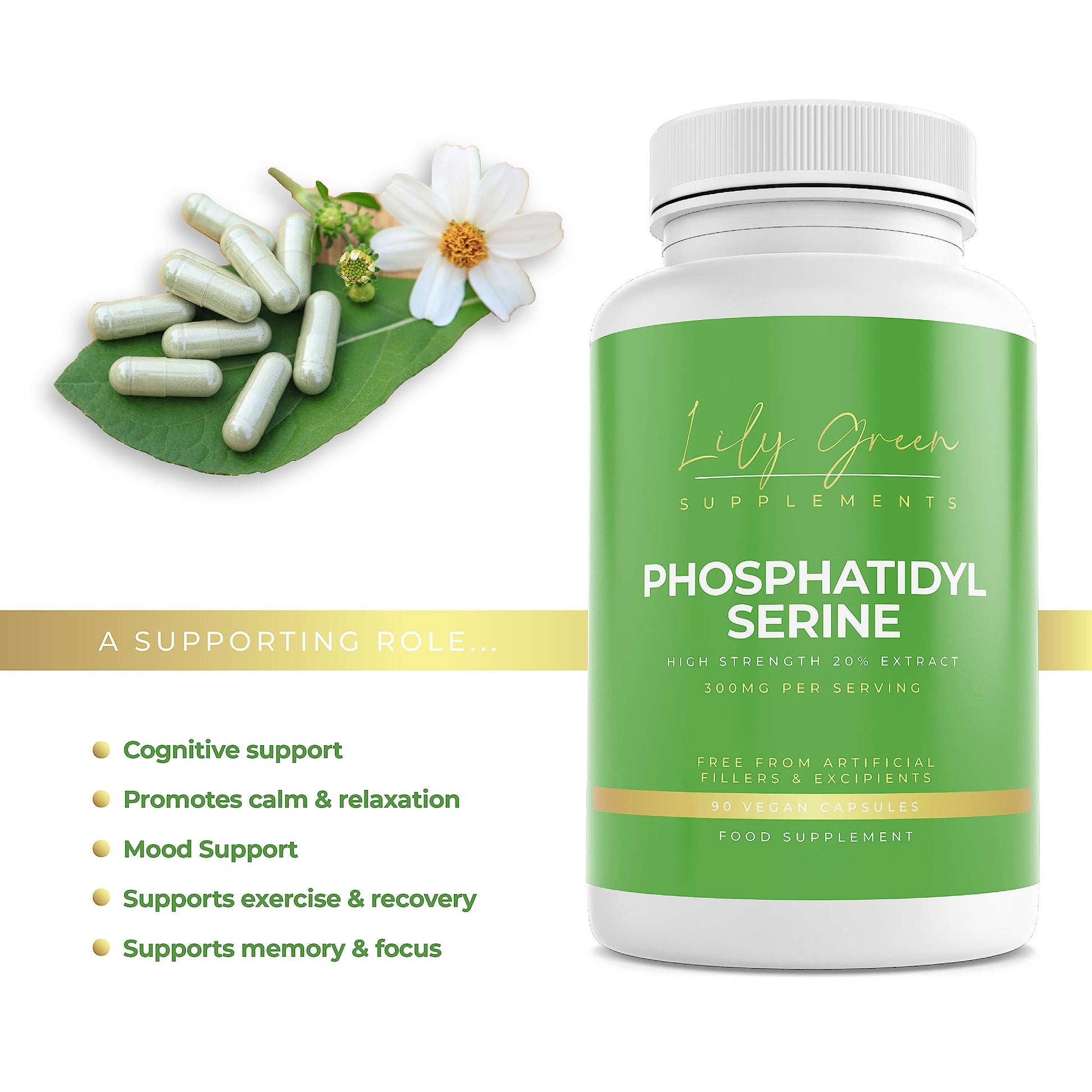 Phosphatidylserine 300mg per Serving - Supports Cognitive Function, Memory & Focus, Exercise & Recovery, Mood & Relaxation - Lily Green Supplements